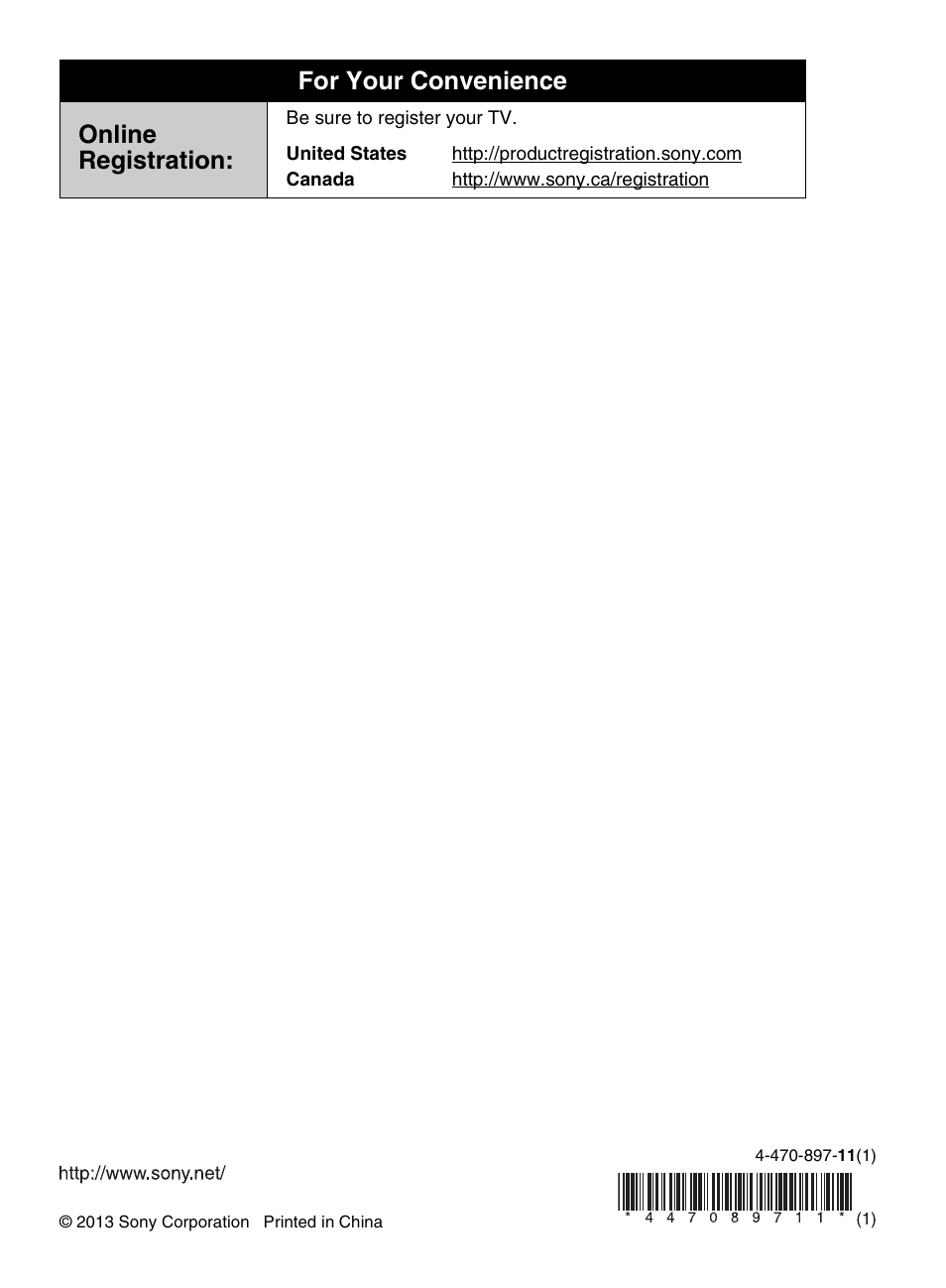 For your convenience online registration | Sony KDL-50R450A User Manual | Page 68 / 68