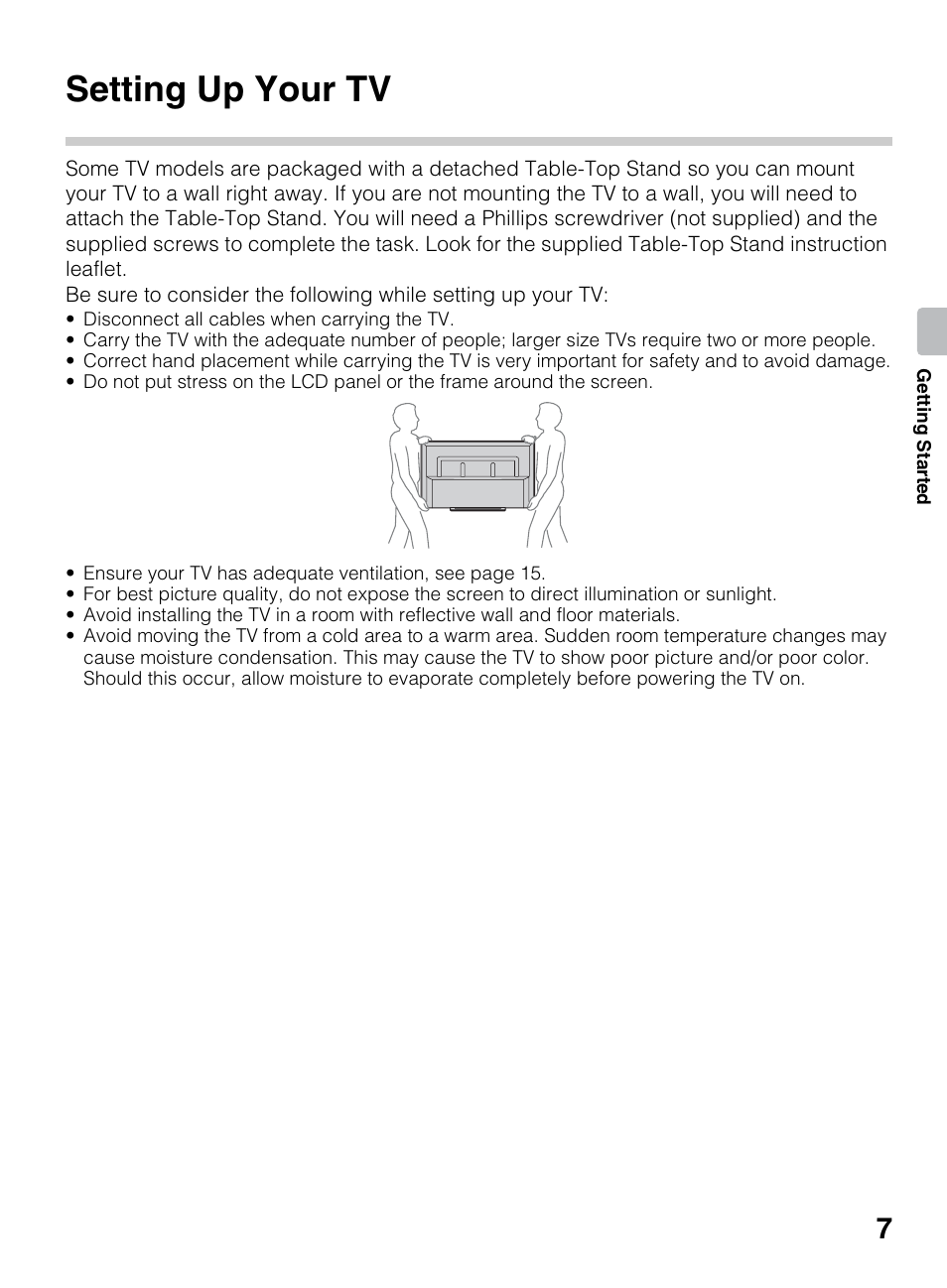 Getting started, Setting up your tv | Sony KDL-50R450A User Manual | Page 7 / 68