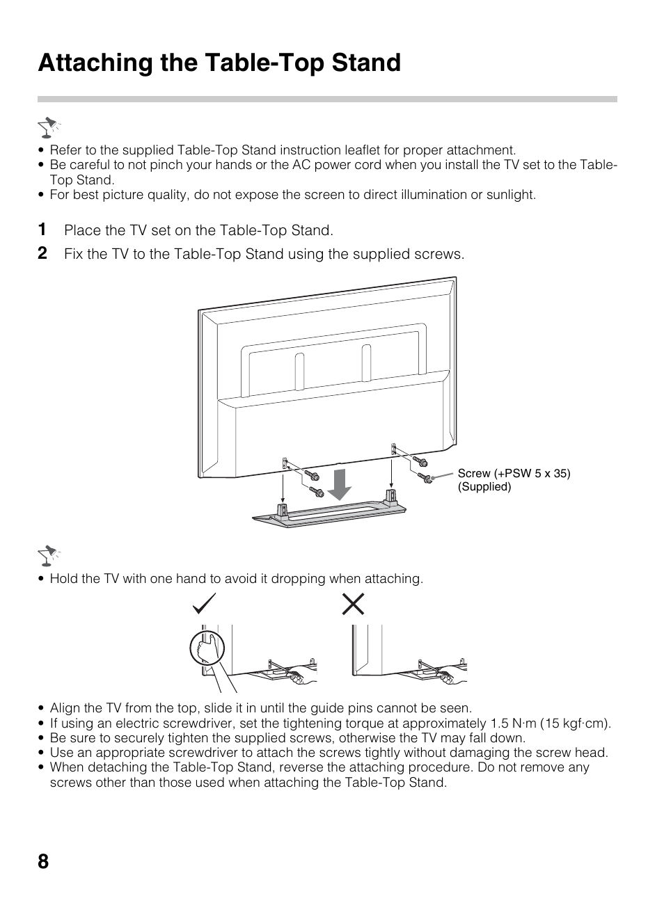 Attaching the table-top stand | Sony KDL-50R450A User Manual | Page 8 / 68