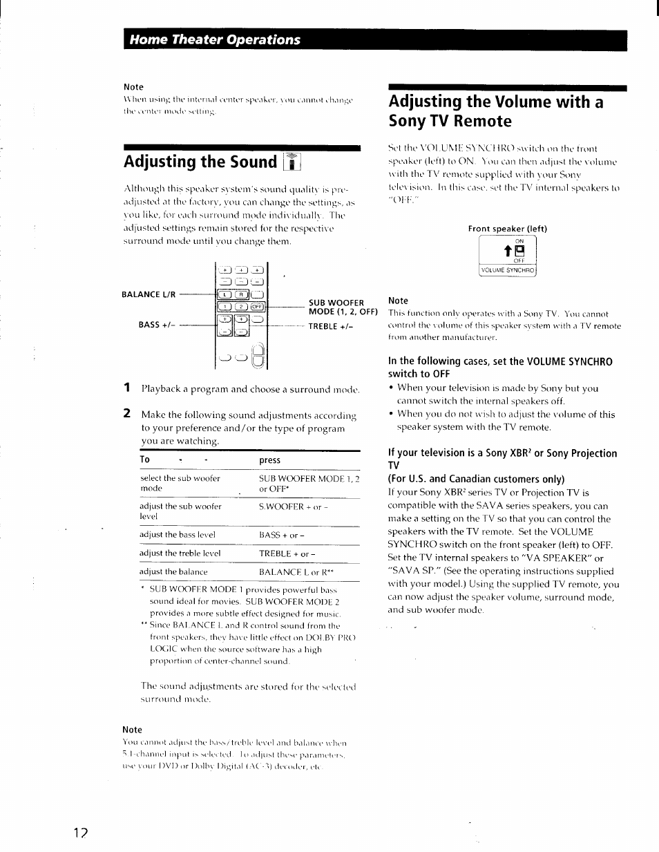 Note, Adjusting the sound [t, Adjusting the volume with a sony tv remote | Front speaker (left), For u.s. and canadian customers only), Home theater operations | Sony SA-VA29 User Manual | Page 12 / 16