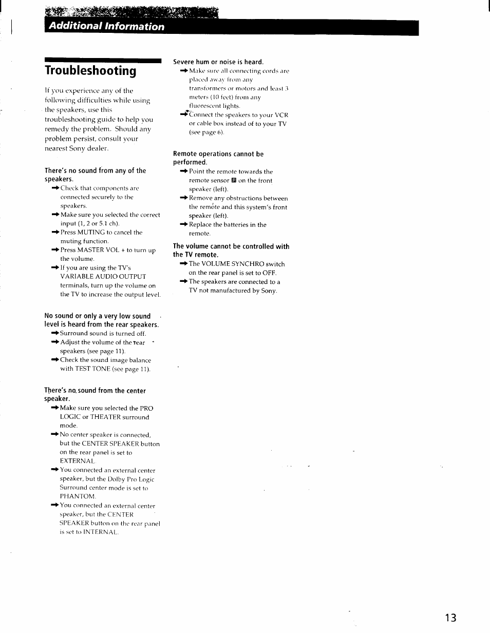 Troubleshooting, Additional information | Sony SA-VA29 User Manual | Page 13 / 16