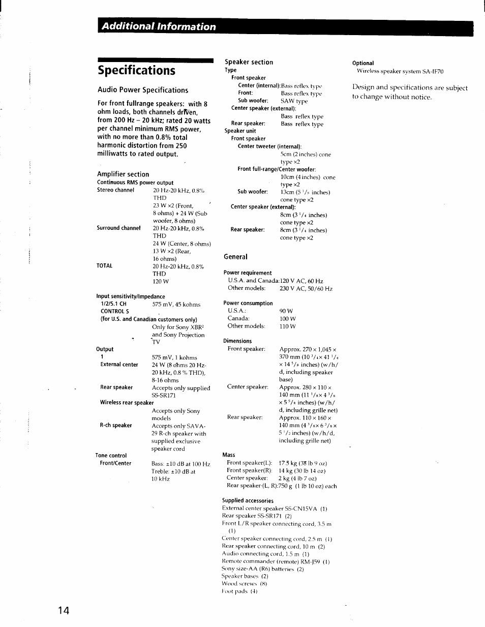 Specifications, Audio power specifications, Optional | Supplied accessories, Additional information | Sony SA-VA29 User Manual | Page 14 / 16