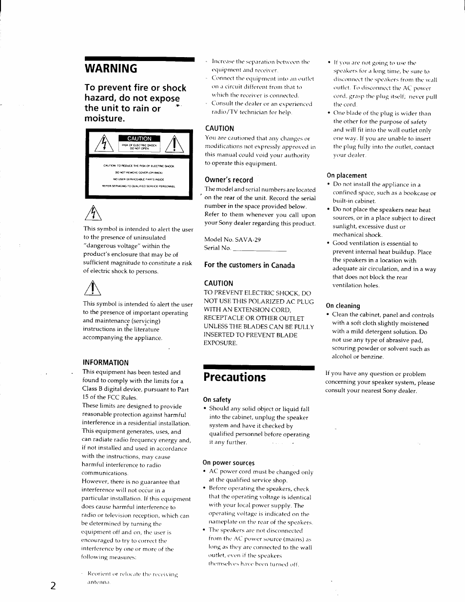 Warning, Information, Caution | Owner's record, For the customers in canada caution, Precautions, On safety, On power sources, On placement, On cleaning | Sony SA-VA29 User Manual | Page 2 / 16