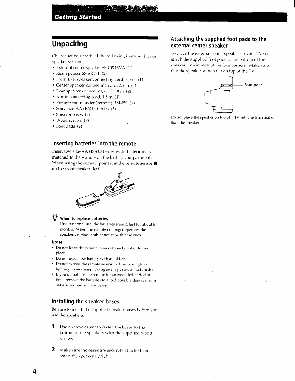 Unpacking, Inserting batteries into the remote, Notes | Installing the speaker bases, Getting started | Sony SA-VA29 User Manual | Page 4 / 16