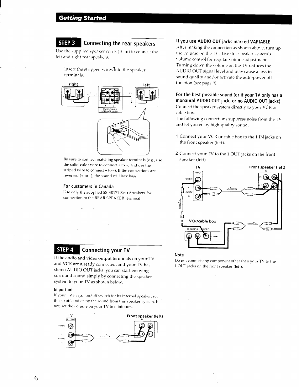 Connecting the rear speakers, For customers in canada, Connecting your tv | If you use audio out jacks marked variable, Getting started | Sony SA-VA29 User Manual | Page 6 / 16