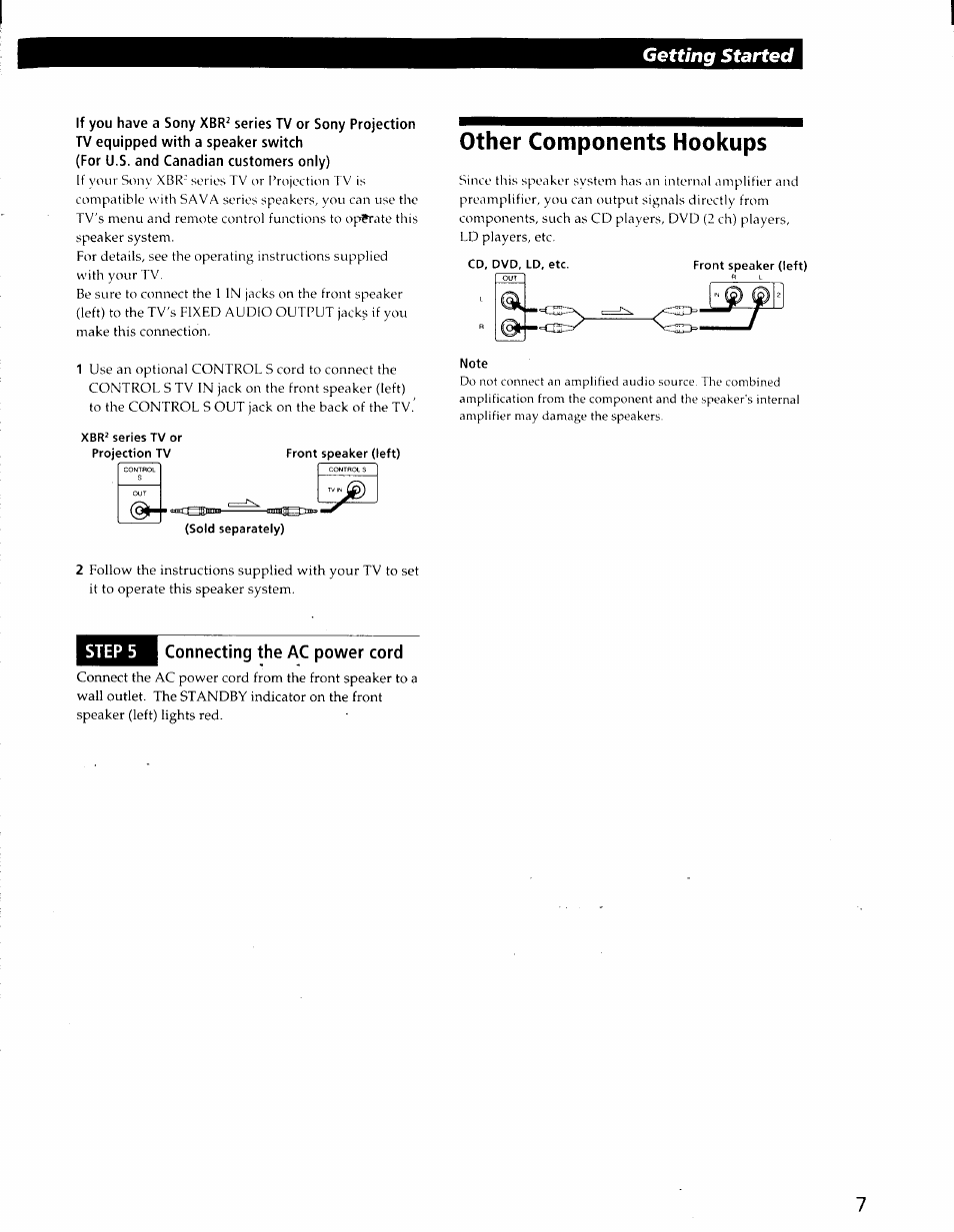 Xbr^ series tv or projection tv, Front speaker (left), Other components hookups | Connecting the ac power cord, Getting started | Sony SA-VA29 User Manual | Page 7 / 16