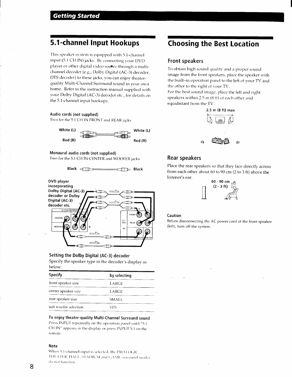 Channel input hookups, Audio cords (not supplied), White (l) | Red (r), White (l) red (r), Choosing the best location, Front speakers, 5 m (8 ft) max, Monaural audio cords (not supplied), Rear speakers | Sony SA-VA29 User Manual | Page 8 / 16
