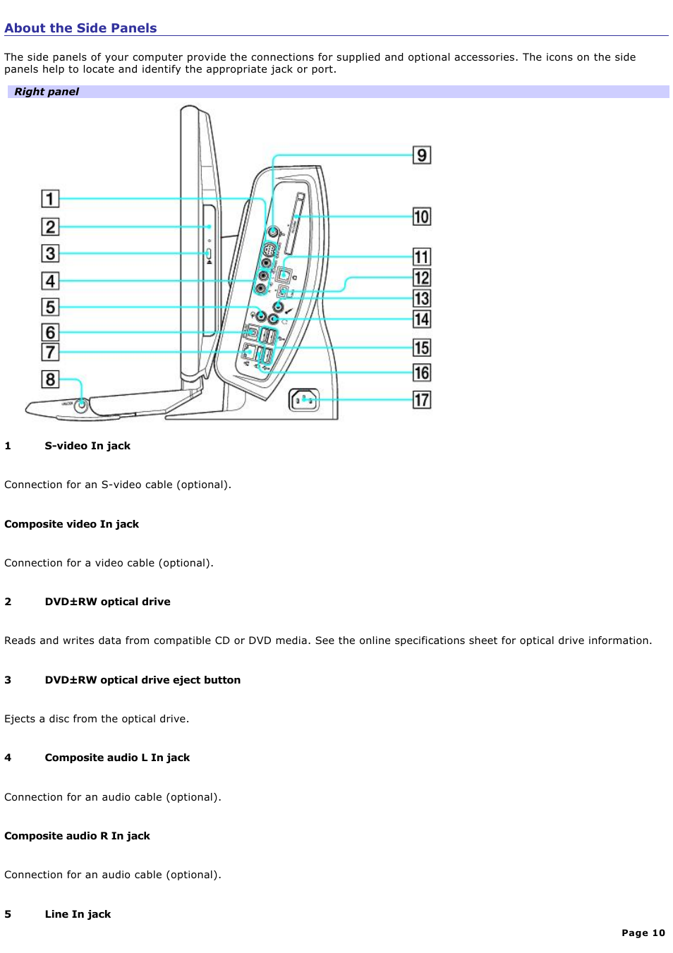 About the side panels | Sony PCV-W700G User Manual | Page 10 / 180