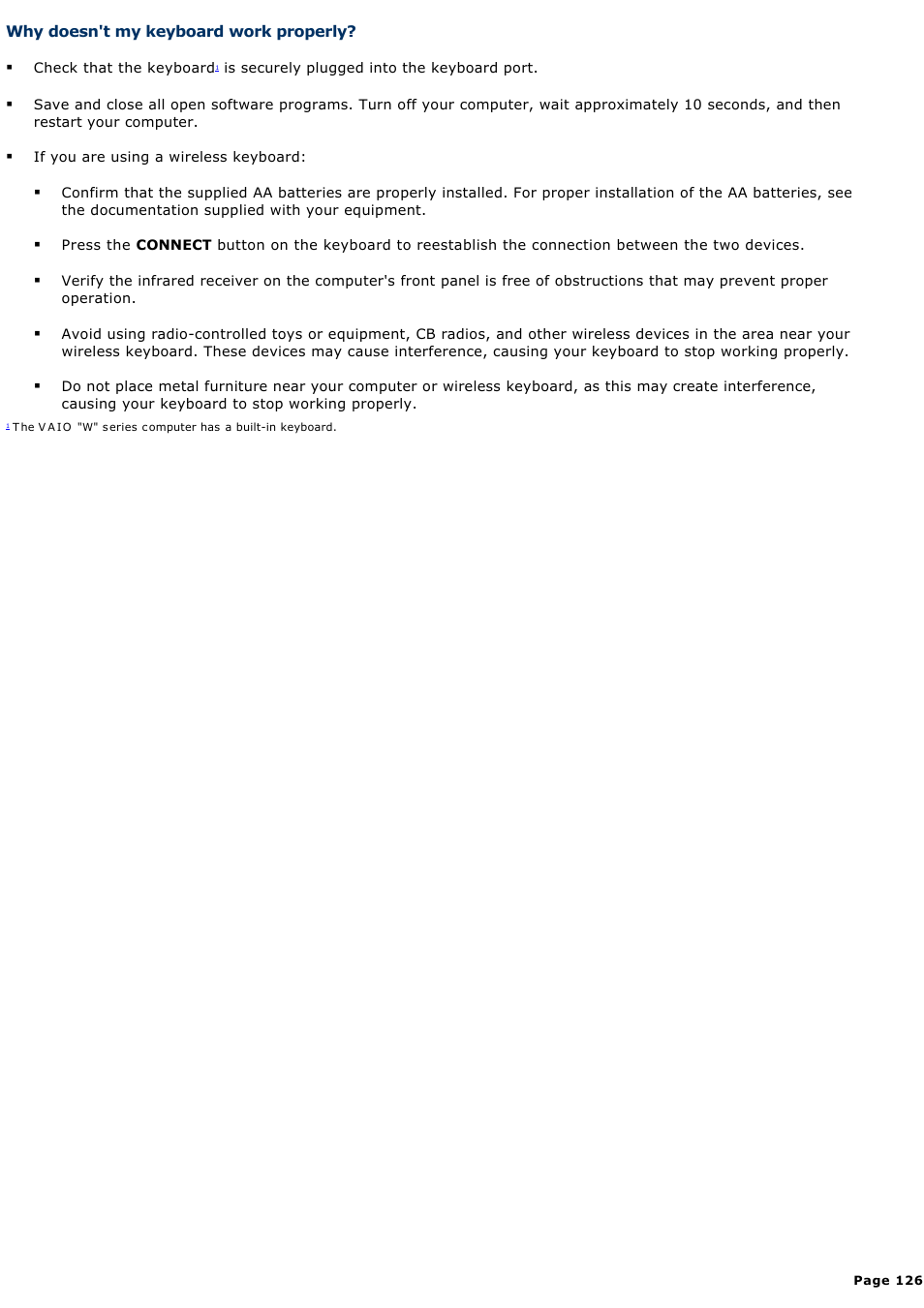 Why doesn't my keyboard work properly | Sony PCV-W700G User Manual | Page 126 / 180