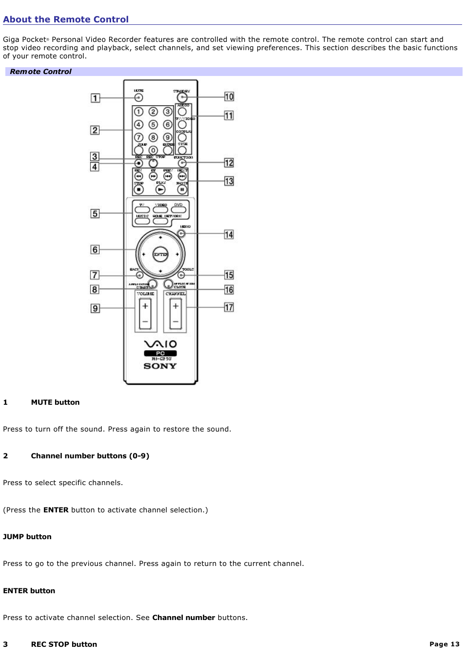About the remote control | Sony PCV-W700G User Manual | Page 13 / 180