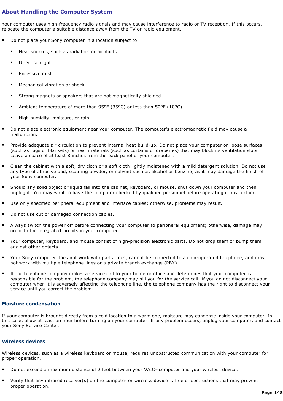 Moisture condensation | Sony PCV-W700G User Manual | Page 148 / 180