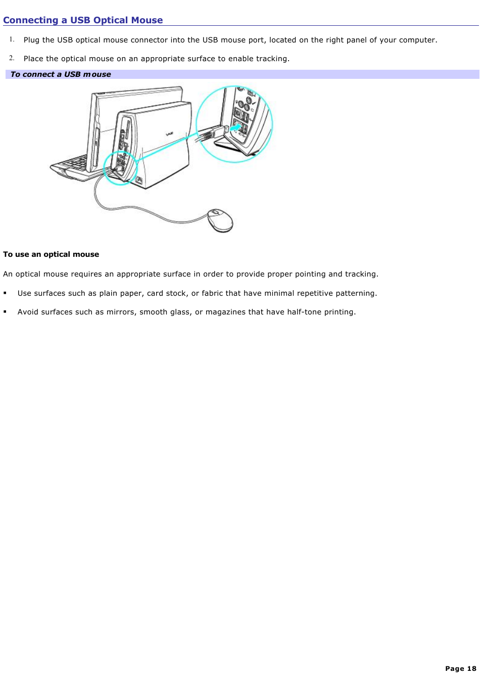 Connecting a usb optical mouse | Sony PCV-W700G User Manual | Page 18 / 180