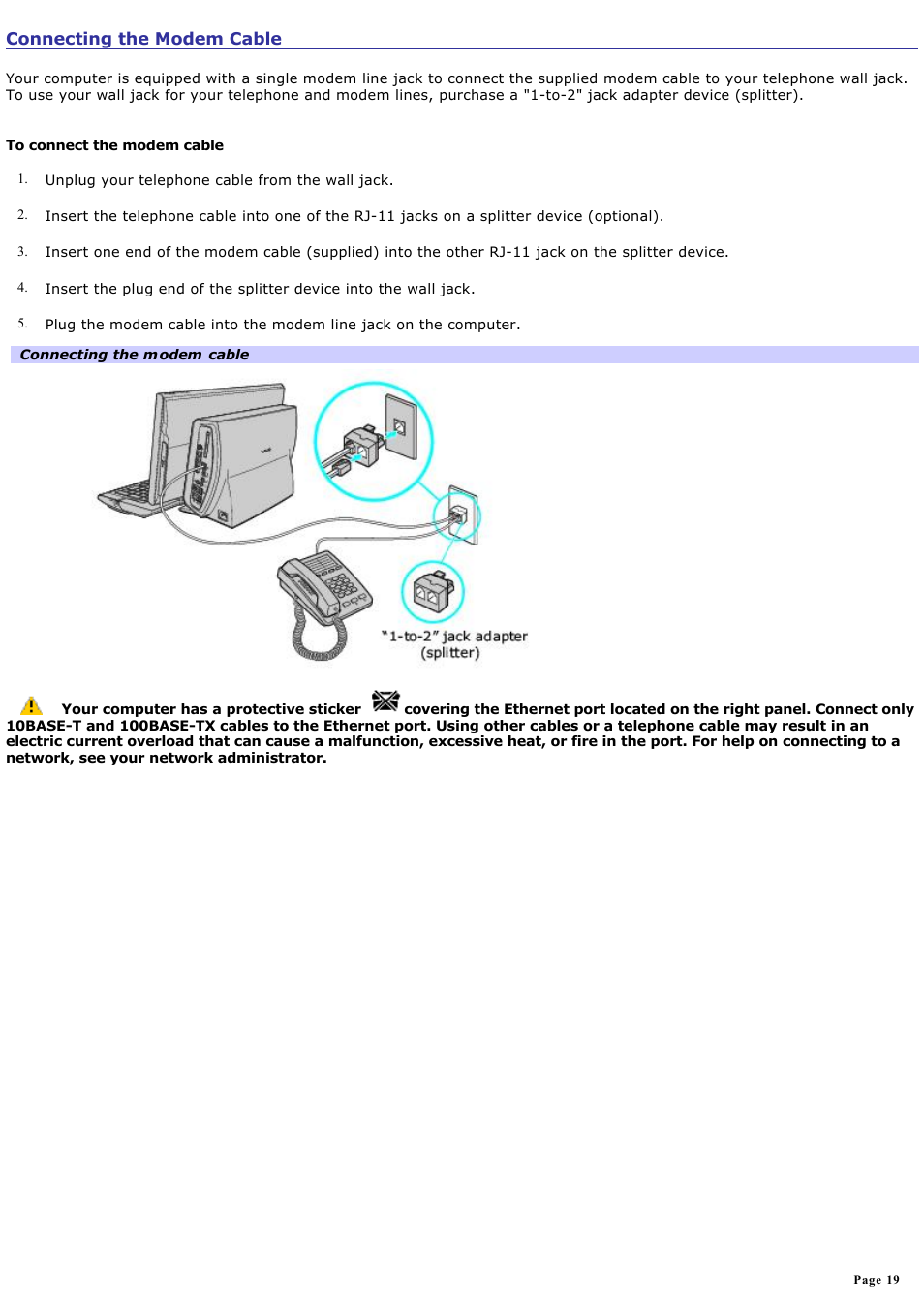 Connecting the modem cable | Sony PCV-W700G User Manual | Page 19 / 180