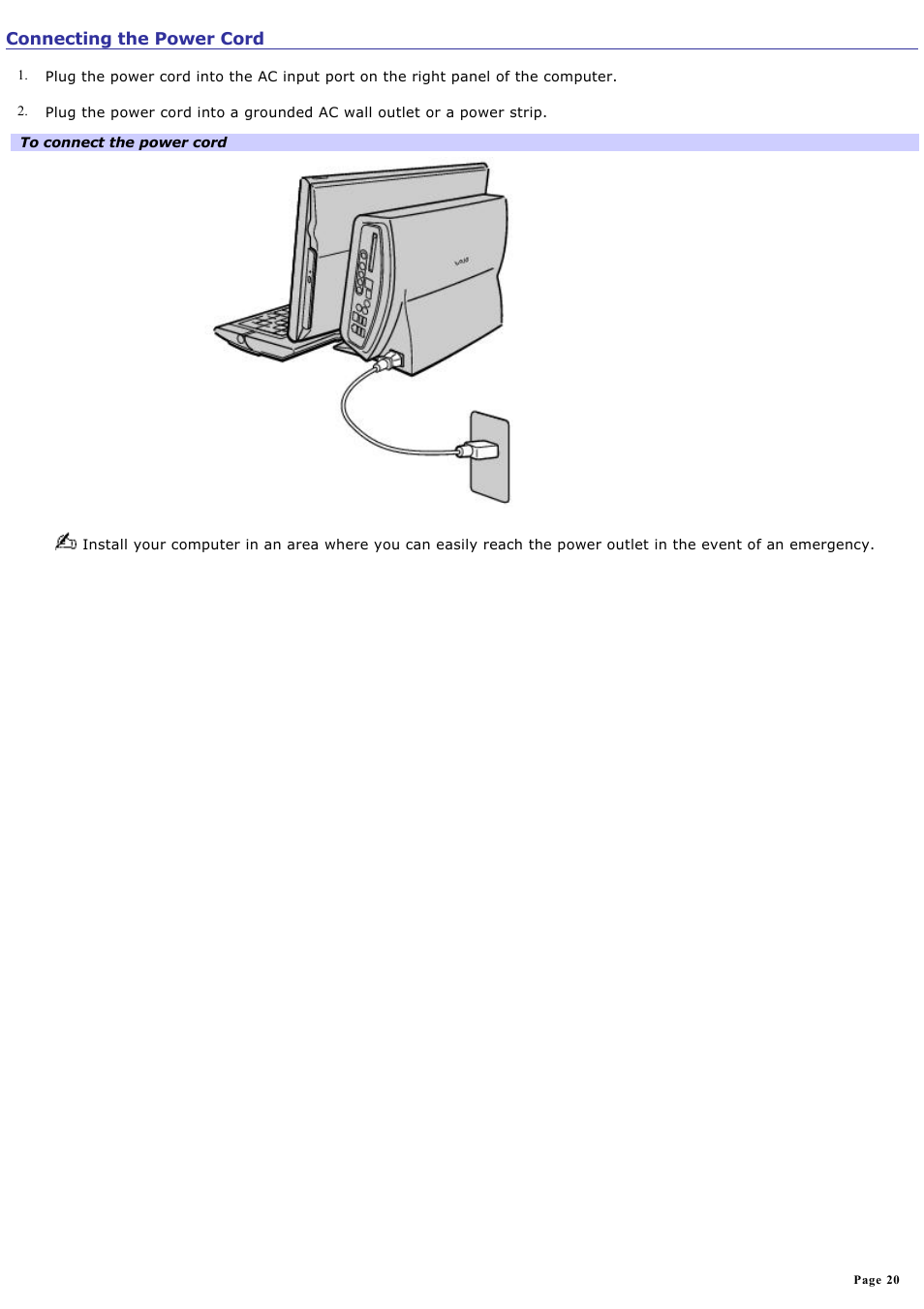 Connecting the power cord | Sony PCV-W700G User Manual | Page 20 / 180