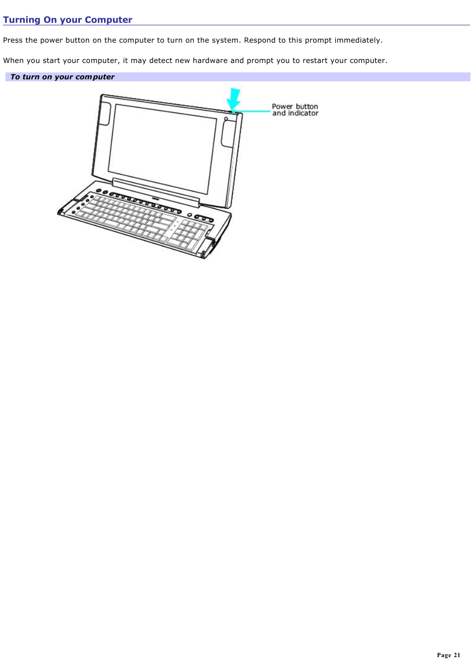 Turning on your computer | Sony PCV-W700G User Manual | Page 21 / 180