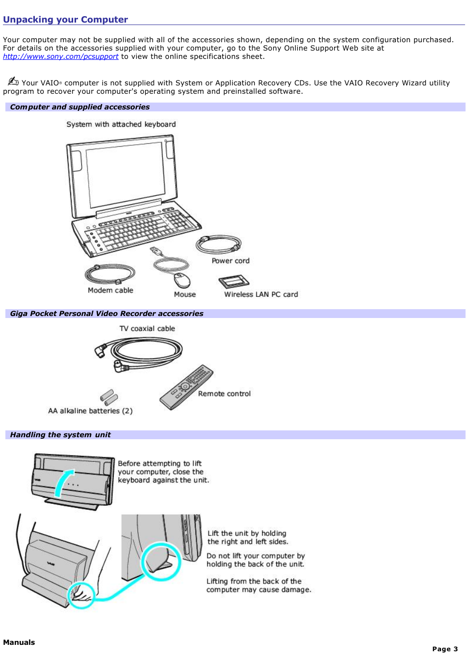 Unpacking your computer | Sony PCV-W700G User Manual | Page 3 / 180