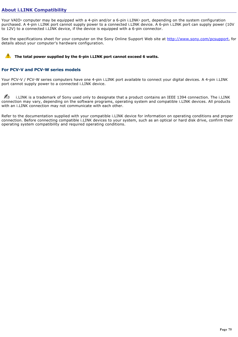 For pcv-v and pcv-w series models, About i.link compatibility | Sony PCV-W700G User Manual | Page 75 / 180