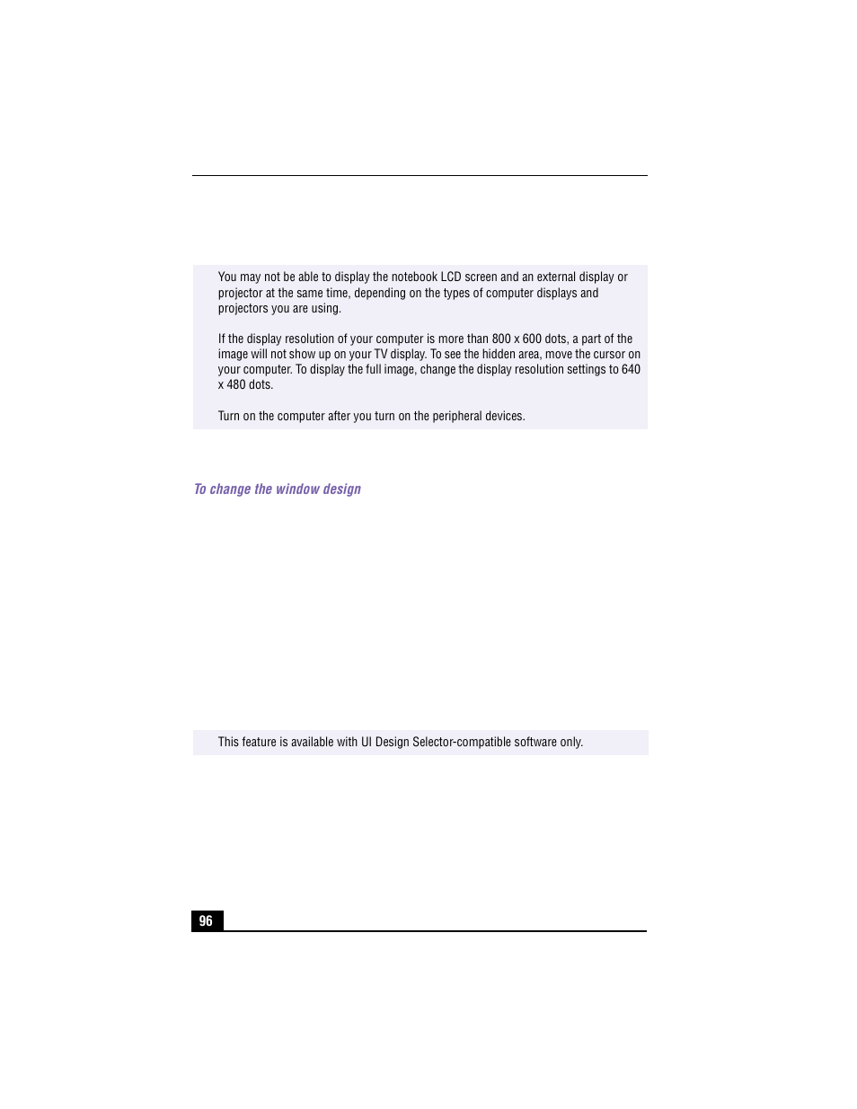 Changing the window design of sony software, To change the window design, 2 click ui design selector | 3 click << or >> and select the desired design, 4 click apply | Sony PCG-R505TSK User Manual | Page 96 / 150