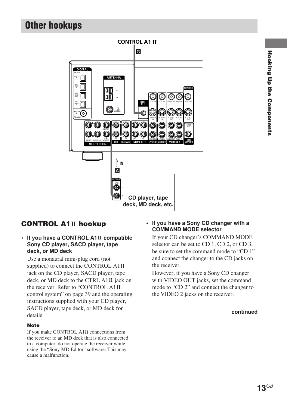 Other hookups, Control a1 hookup, Hooking up the components | Control a1, Continued cd player, tape deck, md deck, etc | Sony STR-DE685 User Manual | Page 13 / 60
