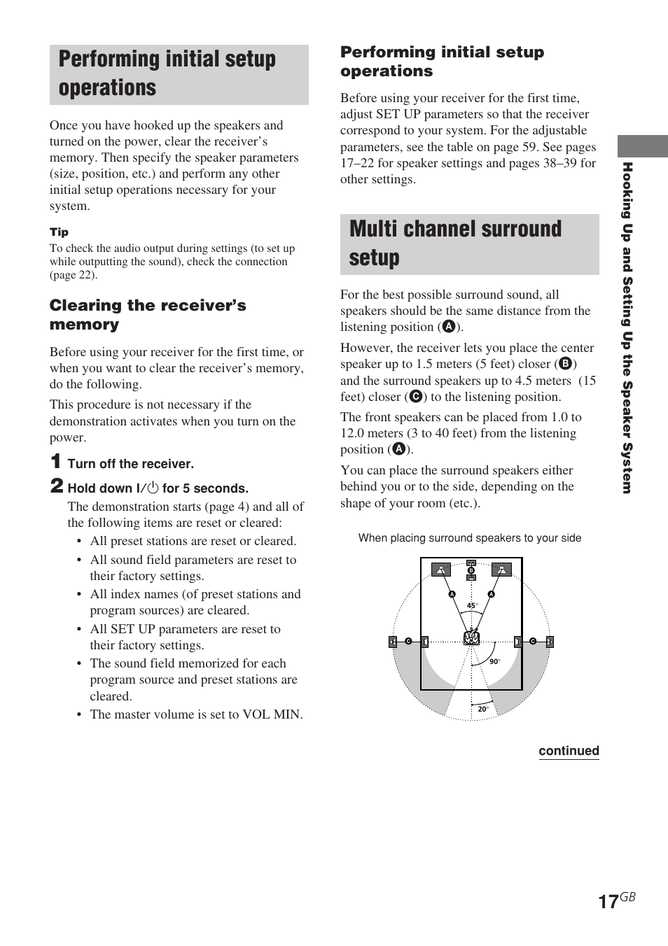 Performing initial setup operations, Multi channel surround setup | Sony STR-DE685 User Manual | Page 17 / 60