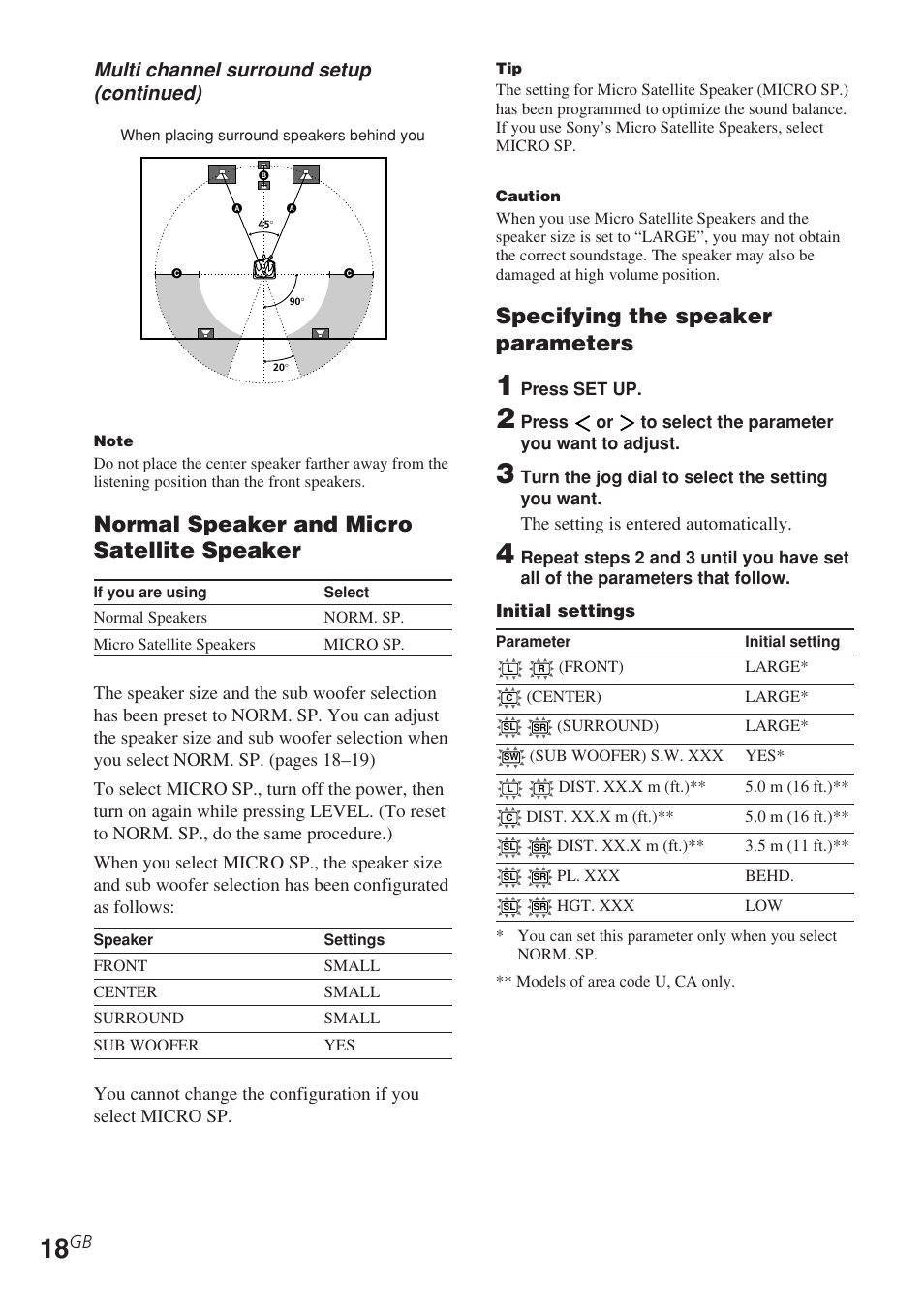 Normal speaker and micro satellite speaker, Specifying the speaker parameters, Multi channel surround setup (continued) | Sony STR-DE685 User Manual | Page 18 / 60