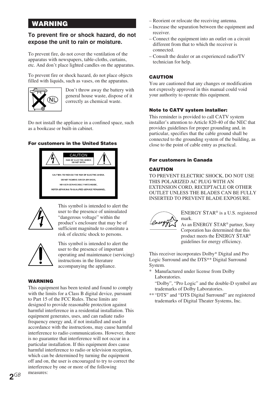 Warning | Sony STR-DE685 User Manual | Page 2 / 60