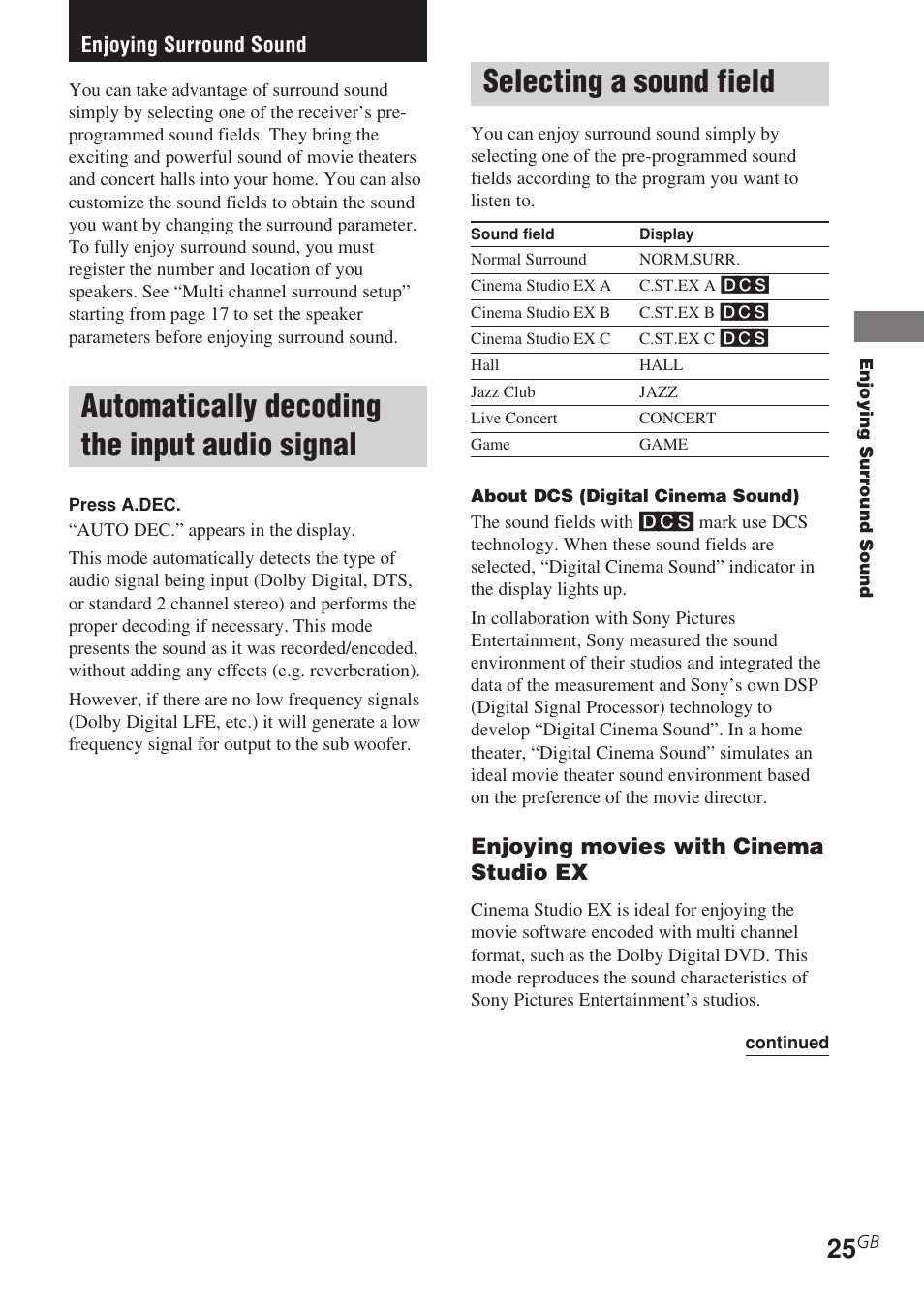Enjoying surround sound, Automatically decoding the input, Audio signal | Selecting a sound field, Automatically decoding the input audio signal | Sony STR-DE685 User Manual | Page 25 / 60