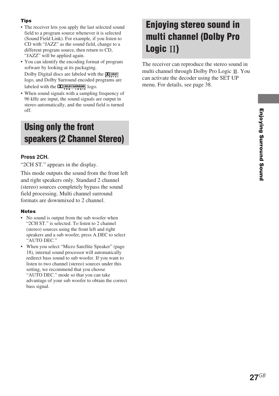 Using only the front speakers, 2 channel stereo), Enjoying stereo sound in multi channel | Dolby pro logic ), Using only the front speakers (2 channel stereo) | Sony STR-DE685 User Manual | Page 27 / 60