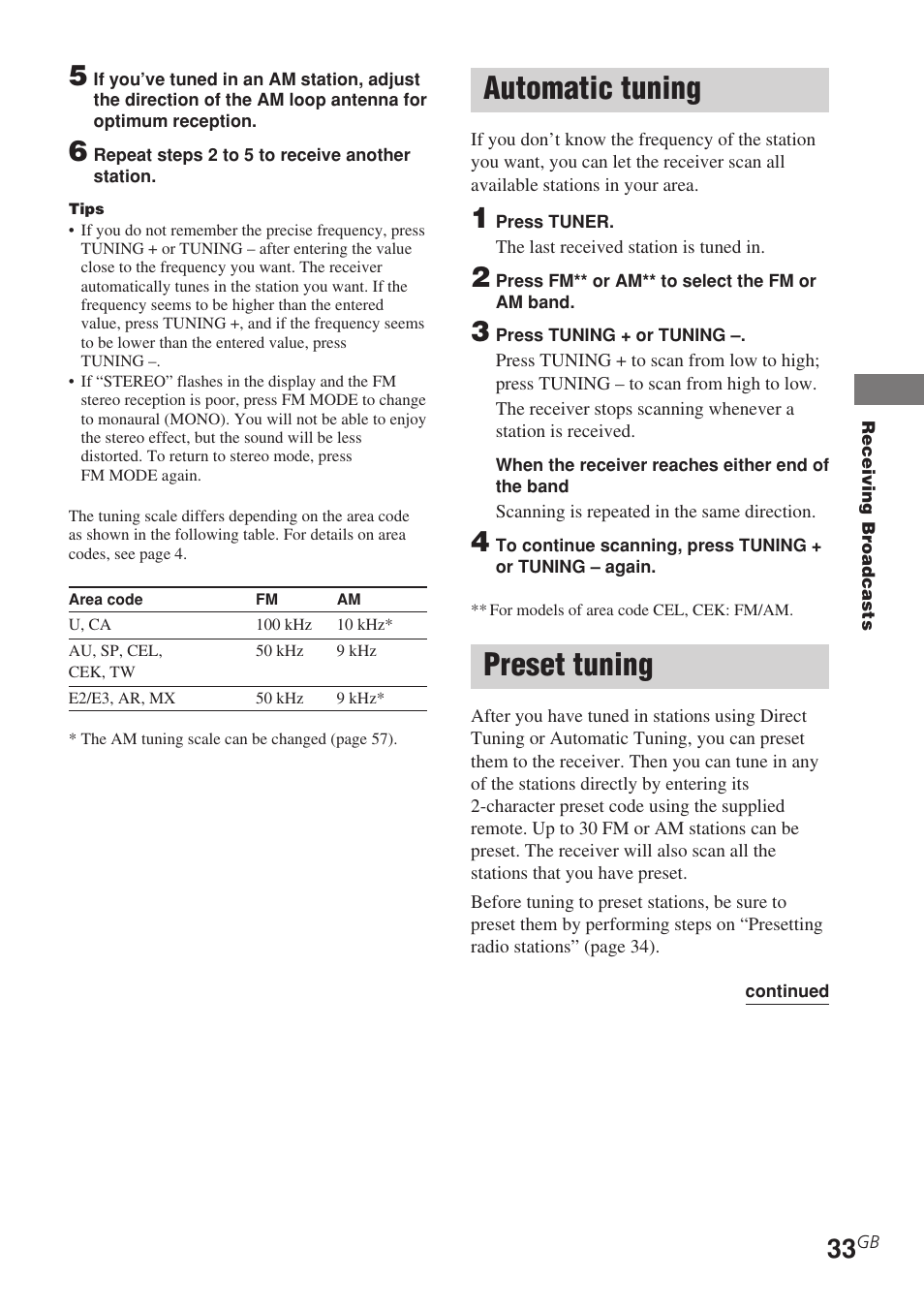 Automatic tuning preset tuning, Automatic tuning, Preset tuning | Sony STR-DE685 User Manual | Page 33 / 60