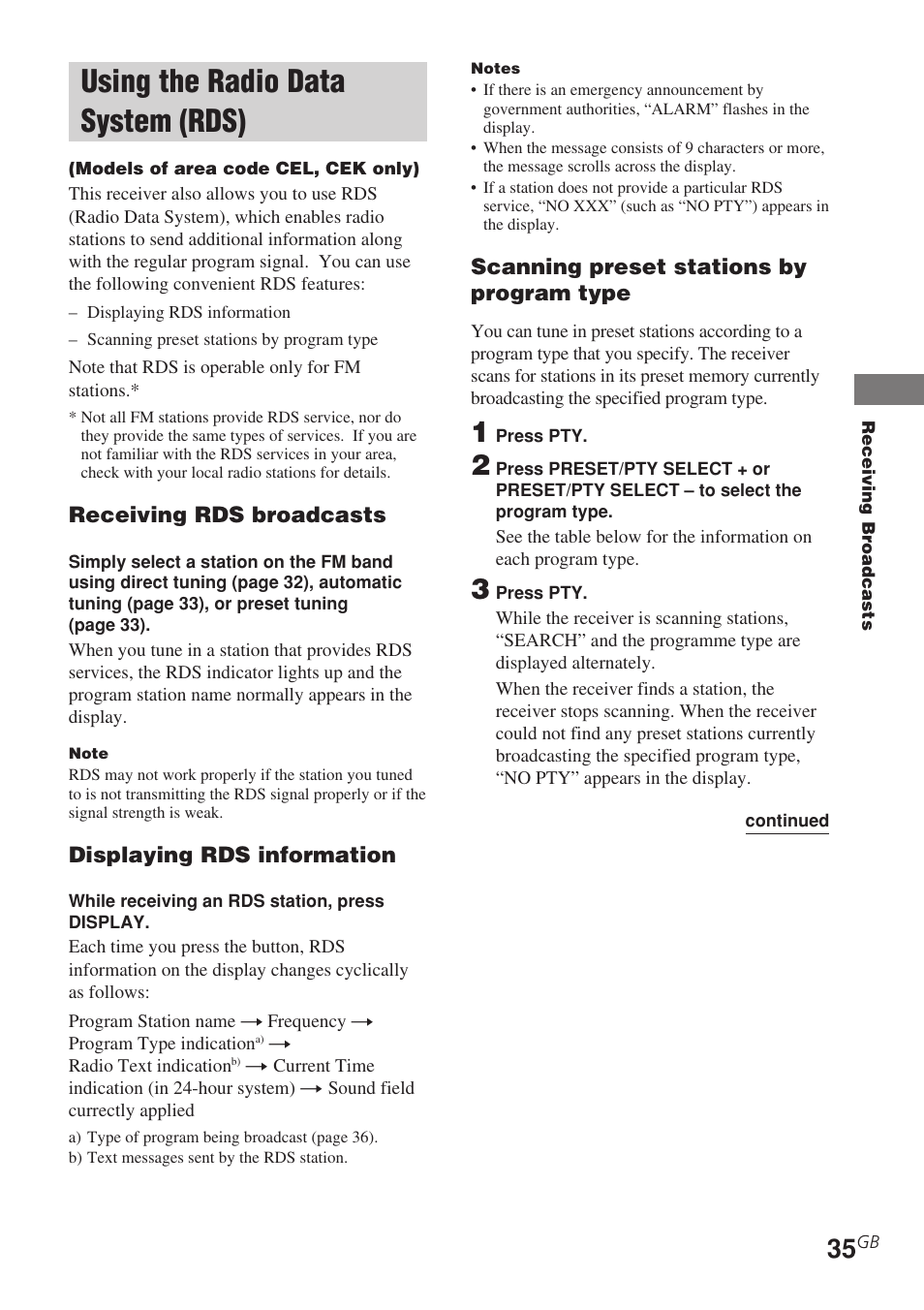 Using the radio data system (rds) | Sony STR-DE685 User Manual | Page 35 / 60