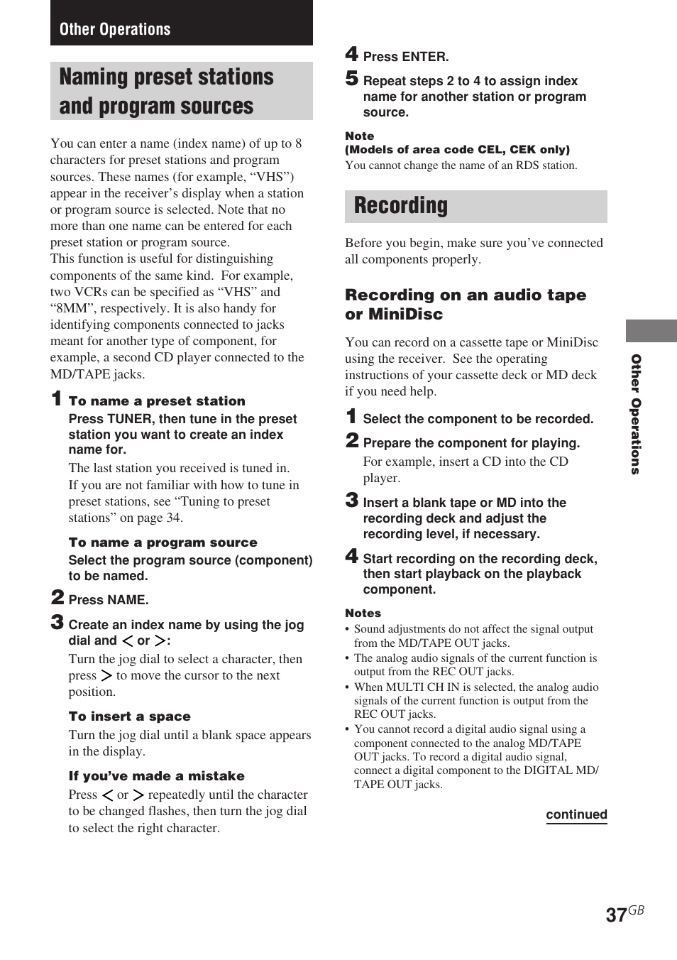 Other operations, Naming preset stations and program, Sources | Recording, Naming preset stations and program sources | Sony STR-DE685 User Manual | Page 37 / 60