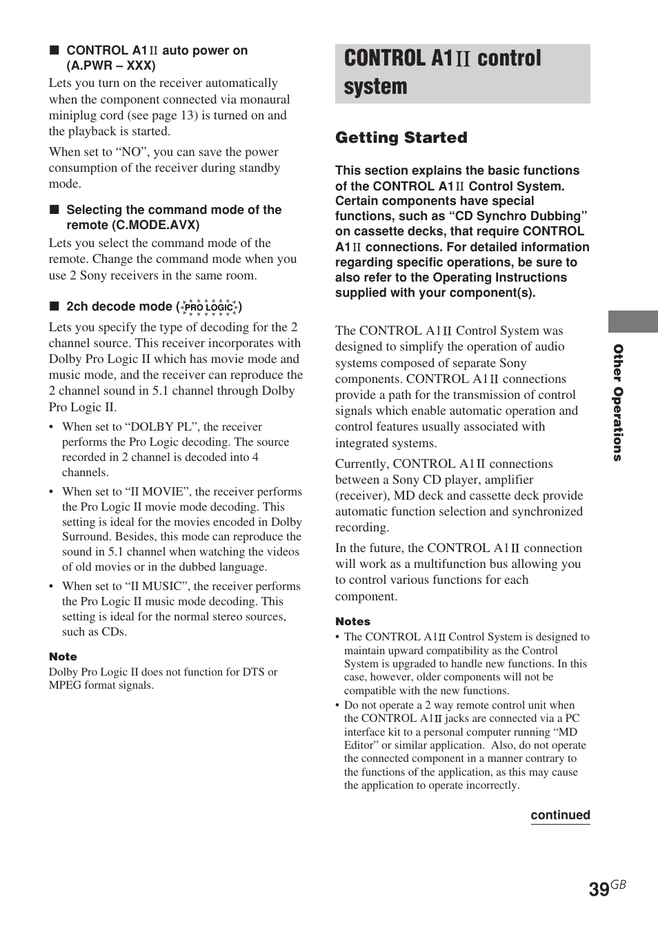 Control a1 control system, Getting started | Sony STR-DE685 User Manual | Page 39 / 60