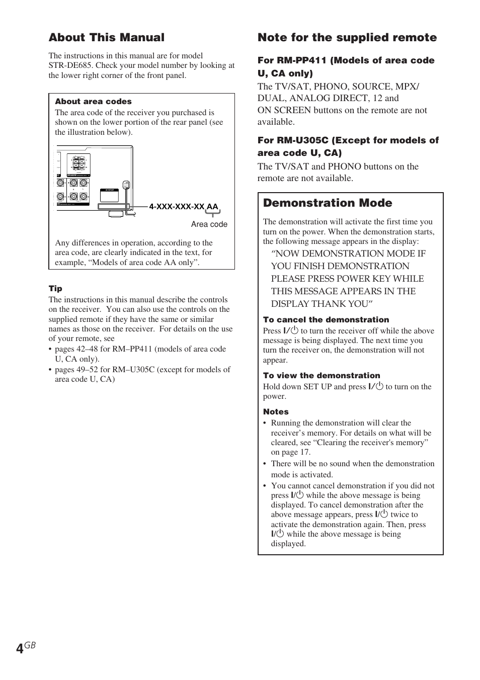 About this manual, Demonstration mode, For rm-pp411 (models of area code u, ca only) | Xxx-xxx-xx aa, Area code, About area codes | Sony STR-DE685 User Manual | Page 4 / 60