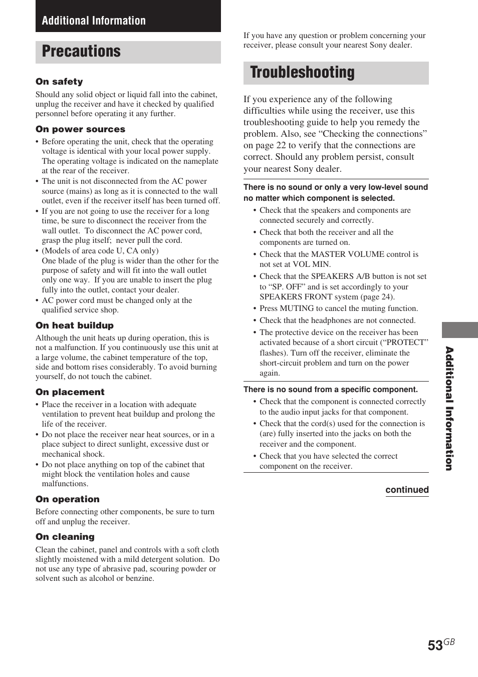 Additional information, Precautions troubleshooting, Troubleshooting | Precautions | Sony STR-DE685 User Manual | Page 53 / 60