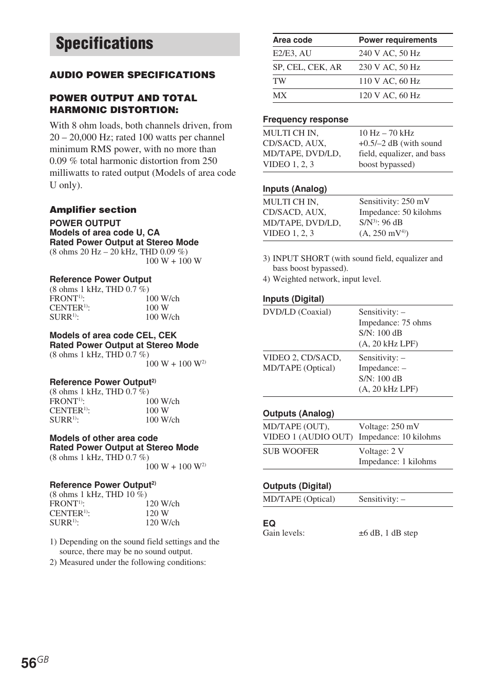 Specifications | Sony STR-DE685 User Manual | Page 56 / 60