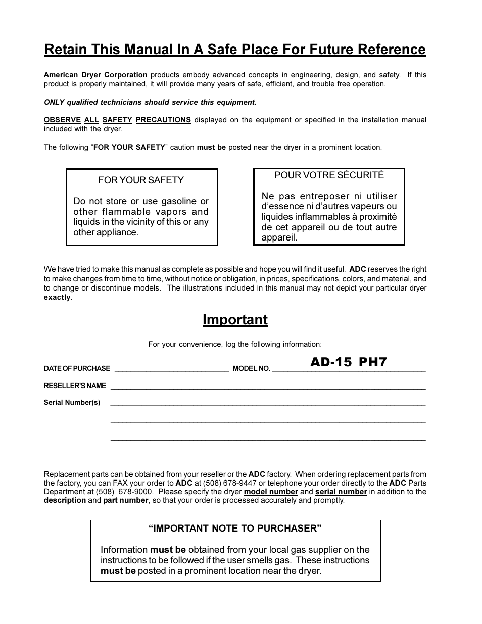 Important, Ad-15 ph7 | American Dryer Corp. AD-15 Phase 7 User Manual | Page 2 / 31