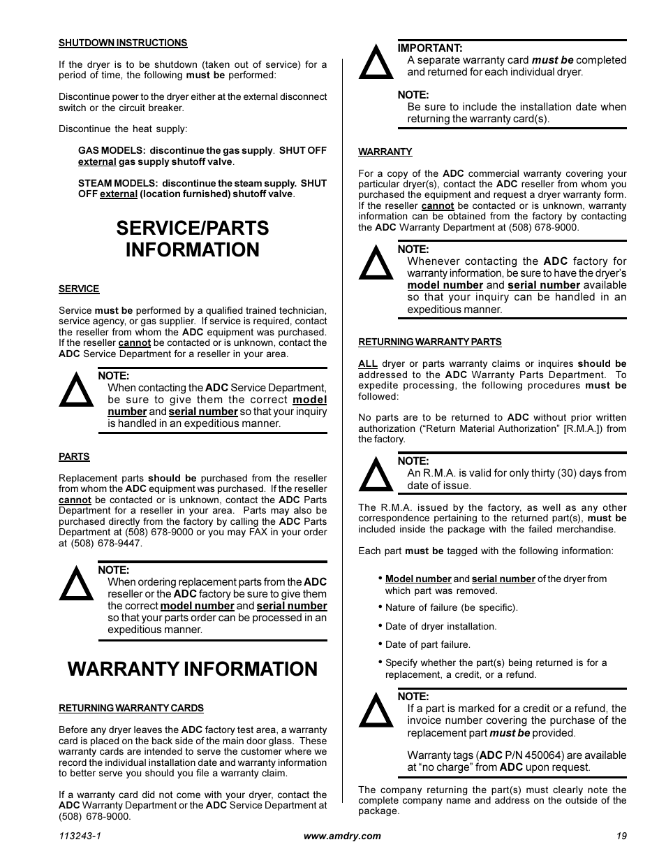 Warranty information, Service/parts information | American Dryer Corp. AD-15 Phase 7 User Manual | Page 21 / 31