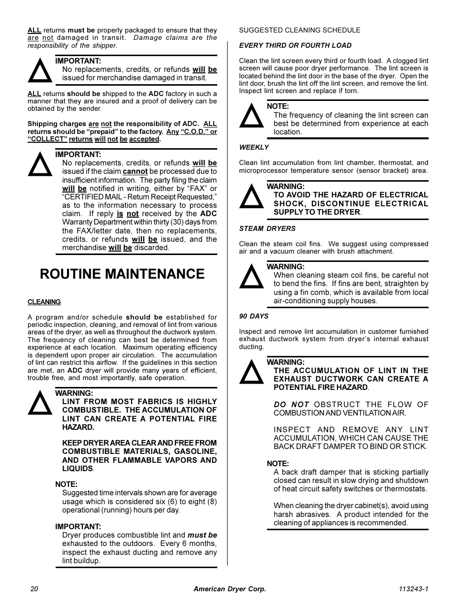 Routine maintenance | American Dryer Corp. AD-15 Phase 7 User Manual | Page 22 / 31