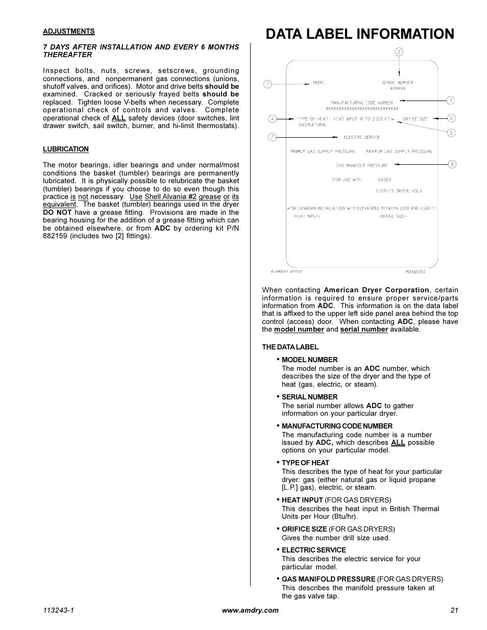 Data label information | American Dryer Corp. AD-15 Phase 7 User Manual | Page 23 / 31