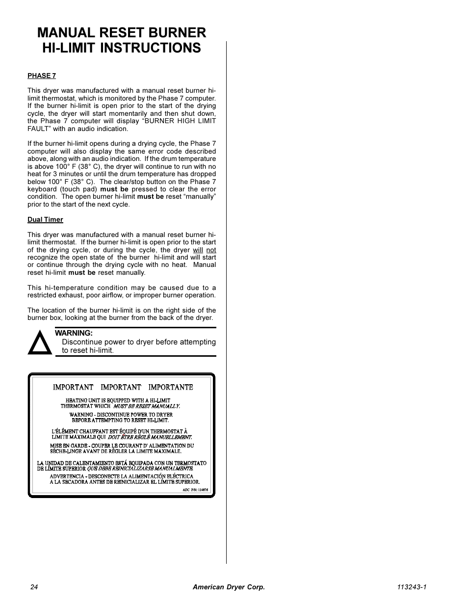 Manual reset burner hi-limit instructions | American Dryer Corp. AD-15 Phase 7 User Manual | Page 26 / 31