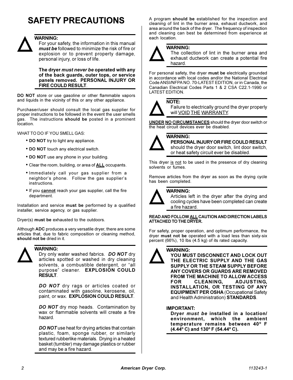 Safety precautions | American Dryer Corp. AD-15 Phase 7 User Manual | Page 4 / 31