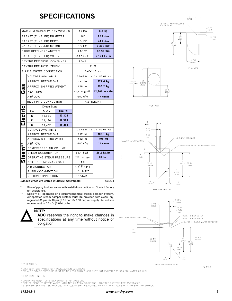 Specifications, Gas electric steam | American Dryer Corp. AD-15 Phase 7 User Manual | Page 5 / 31