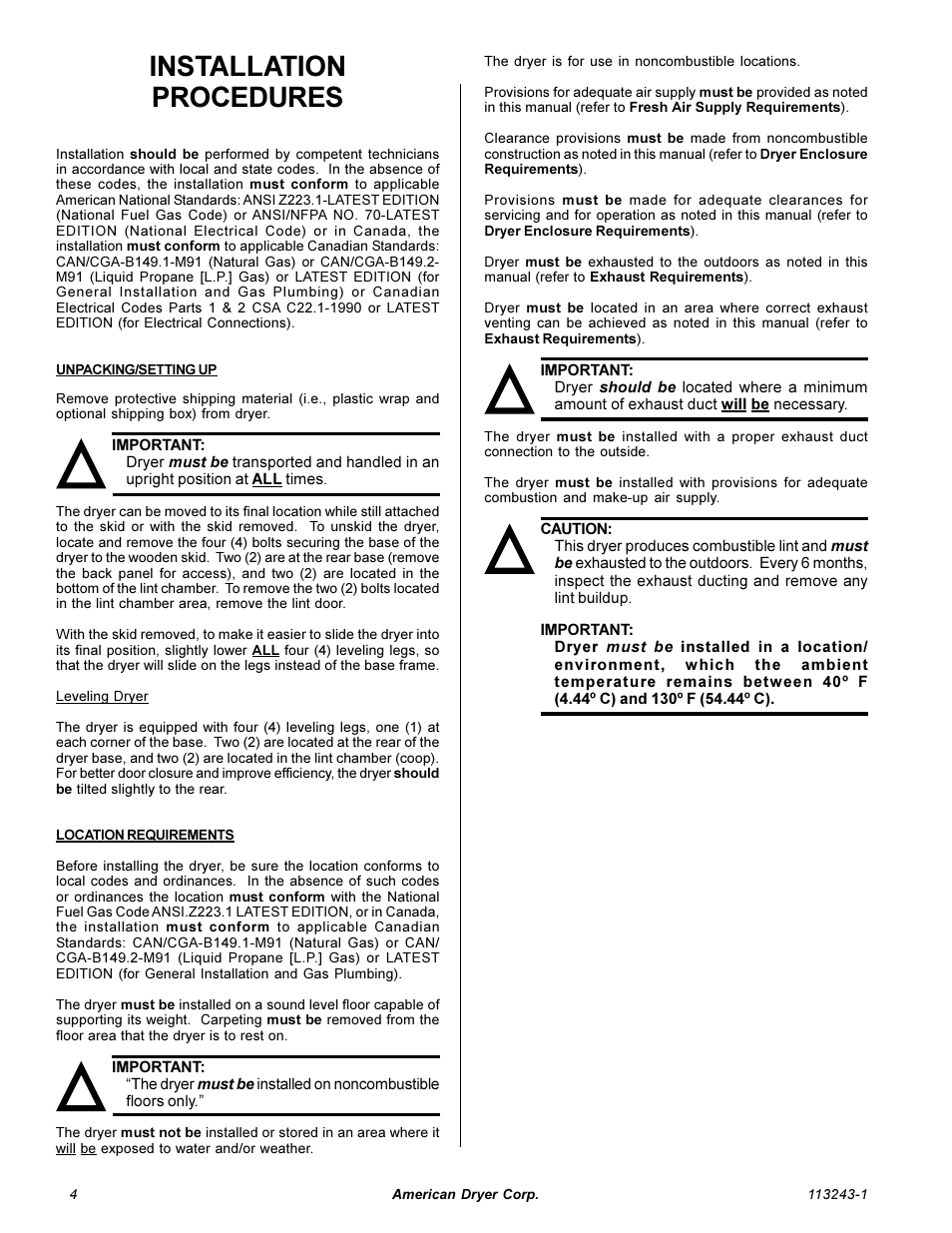 Installation procedures | American Dryer Corp. AD-15 Phase 7 User Manual | Page 6 / 31