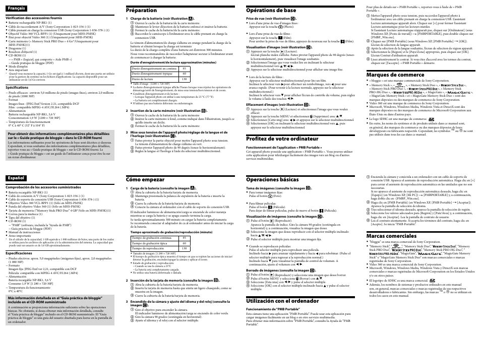 Préparation, Opérations de base, Profitez de votre ordinateur | Marques de commerce, Cómo empezar, Operaciones básicas, Utilización con el ordenador, Marcas comerciales | Sony bloggie  MHS-PM5 User Manual | Page 2 / 2