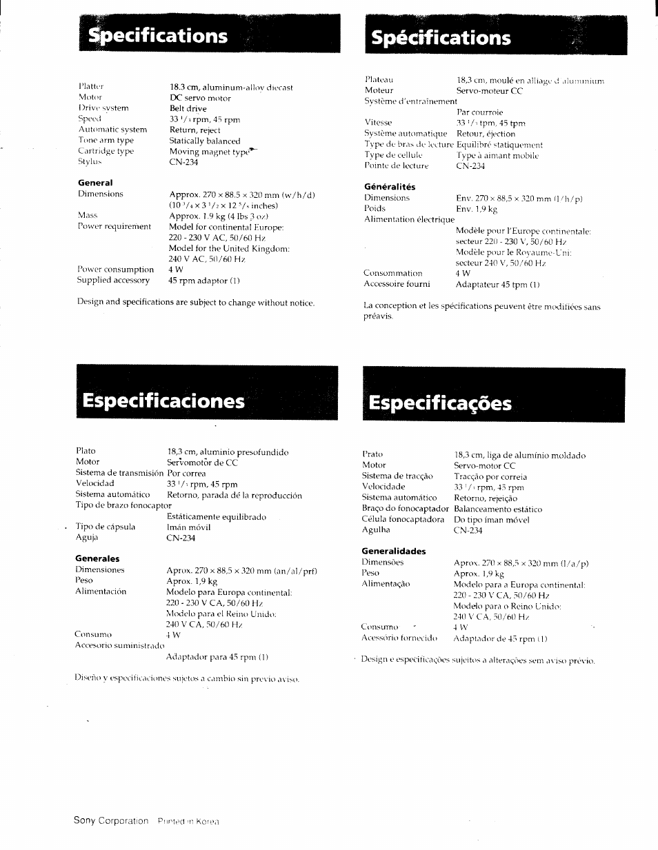 Spécifications, Especificaçôes, Specifications | Especificaciones | Sony PS-J10 User Manual | Page 16 / 16