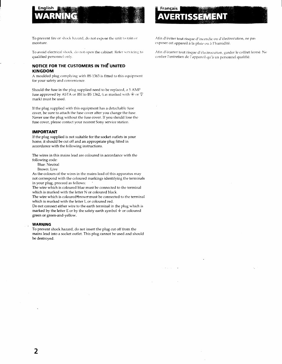 Avertissement, Notice for the customers in thüjnited kingdom, Important | Warlillil | Sony PS-J10 User Manual | Page 2 / 16