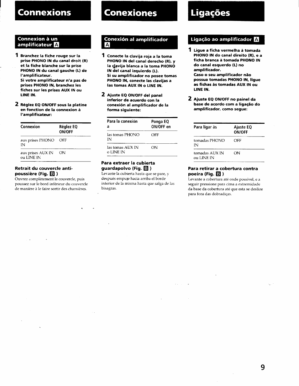 Connexions, Conexiones, Connexion à un amplificateur e | Conexión al amplificador, Ligaçâo ao amplificador, Connexions conexiones ligaçôes | Sony PS-J10 User Manual | Page 9 / 16