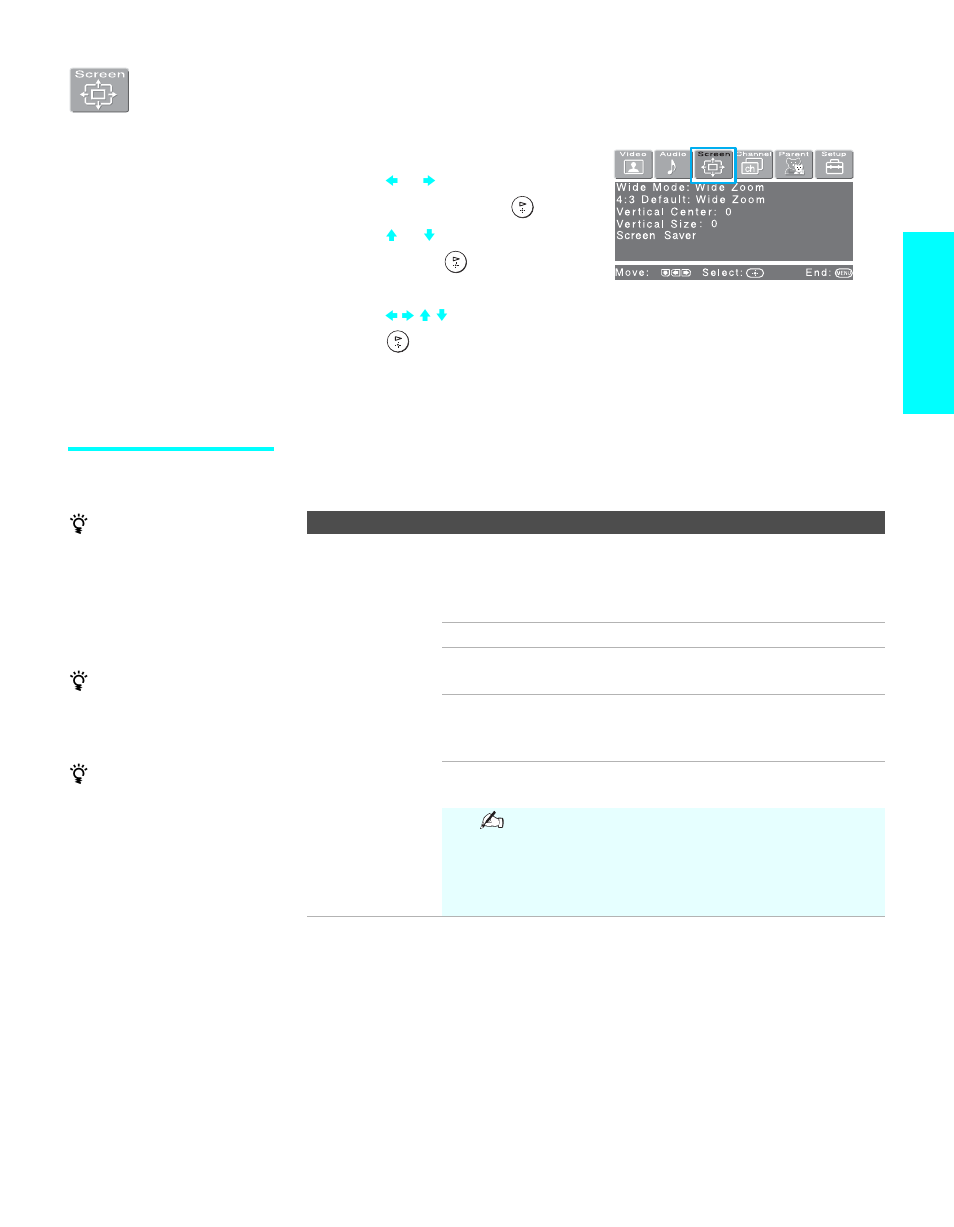 Using the screen menu, Selecting screen options, D 105 | Menus | Sony KDE-55XBR950 User Manual | Page 107 / 135