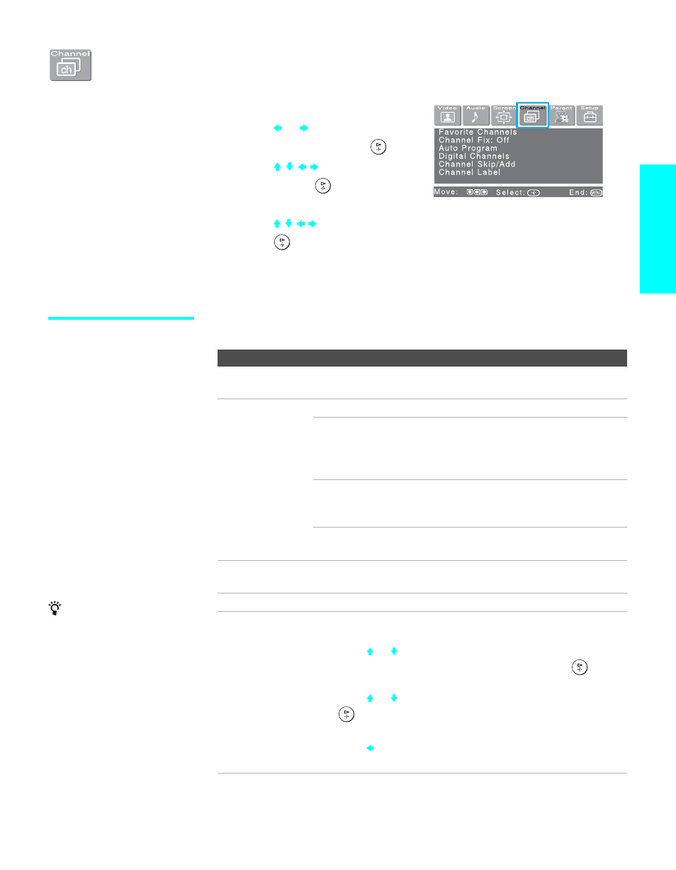 Using the channel menu, Selecting channel options, Menus | Sony KDE-55XBR950 User Manual | Page 109 / 135