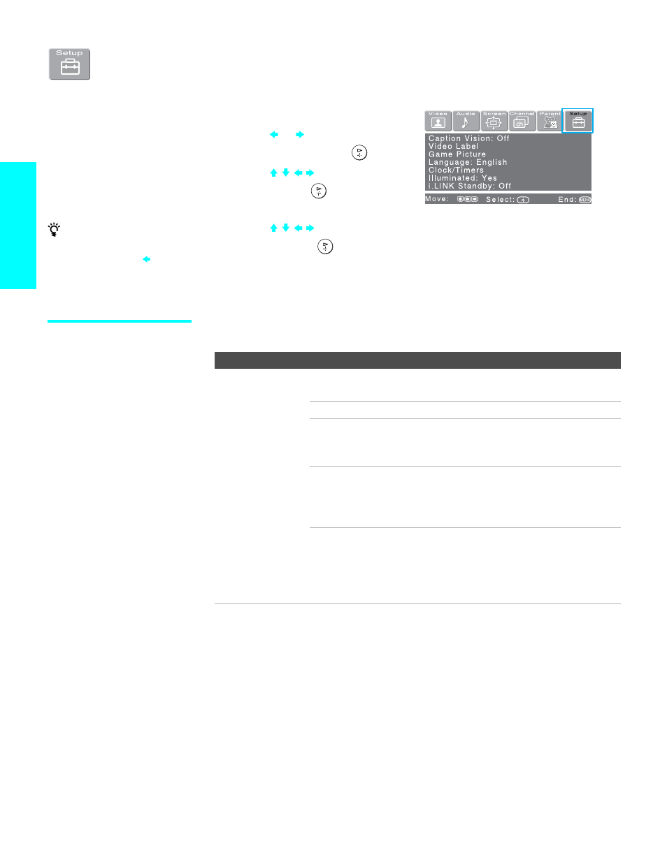 Using the setup menu, Selecting setup options, Menus | Sony KDE-55XBR950 User Manual | Page 114 / 135